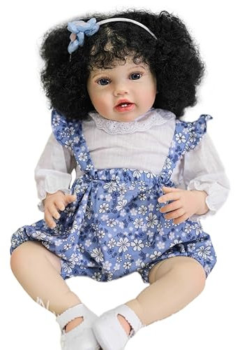 YIHANGG 24Zoll Reborn Baby Puppe Kleinkind Neugeborenes 60cm Prinzessin Mädchen Lebensecht Kunstpuppe mit Schwarzem Lockenhaar Kinder Geburtstag Weihnachten Geschenk(Blue)
