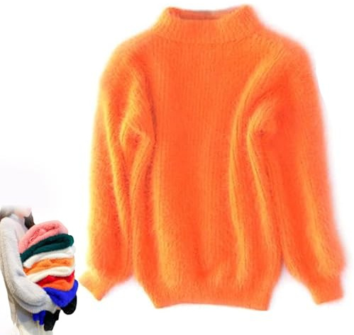 BreWel Señora Invierno Angora Mezcla de Cachemira Suéter Suelto y Cálido Casual Grueso Cuello Alto de Lana Color Sólido Cuello Redondo Jersey de Punto (Talla Única, Naranja)
