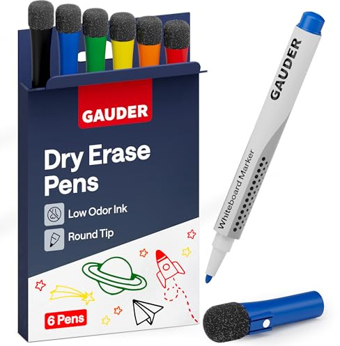 GAUDER Whiteboard Marker Set (6 Stück) | Whiteboard Stifte (6 Farben) | trocken und rückstandsfrei abwischbar | Dry Erase Marker mit Schwamm ideal für Whiteboards und Magnettafeln
