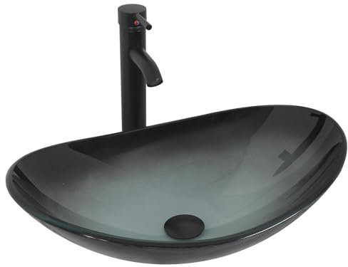 YU YUSING Lavabo Vasque à Poser Ovale en Verre avec Ensemble de Robinets, Lave-Mains, pour Salle de Bain, Cuisine, WC d'invités, Vert Menthe Moderne, 53 x 35 x 15.5 cm