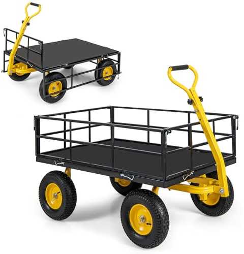 COSTWAY 3 in 1 Utility Garden Cart, 545kg Steel Gardeners Wagon Flatbed with 180° Rotating Handle, Removable Sides, Detachable Rubber Mat, Fixed Strap & Pneumatic Tyres, Hauling Outdoor Trolley