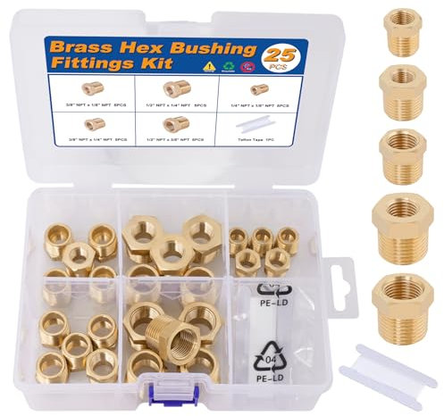 KOOTANS 25PCS Brass Hex Bushing Kit Brass Fittings Assortment 1/4 to 1/8, 3/8 to 1/8, 3/8 to 1/4, 1/2 to 1/4, 1/2 to 3/8 NPT Reducer Pipe Fittings Adapter Fitting
