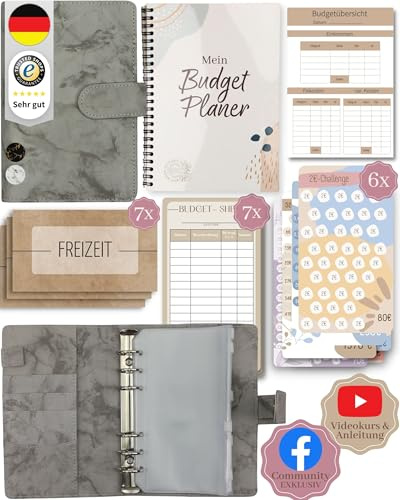 BeginnerBudget® Budget Planner Deutsch - Starterset mit Sparchallenge Budgetplaner - Sparen mit Umschlagmethode + Anleitung - Ringbuch A6 - Binder A6 Marmor-Style (Grau (mit Budgetplaner))