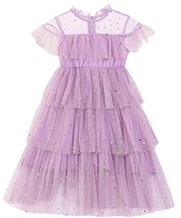 OBiQuzz Bambino Volare Maniche Stella Luna Paillette Abito Principessa Danza Party Ruffles Abiti Vestiti Ragazze Gonne 128, Lilla, 5-6 Anni