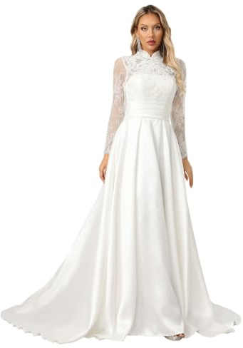 ZHEXUDAI Elegant Long Lace Sleeve High Neck Wedding Dresses – Embroidered A-Line Bridal Gown with Chiffon & Satin Skirt (White) L
