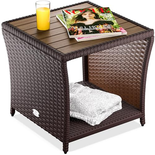 CASARIA® Mesa Auxiliar Jardín 45x45x40cm Poliratán Tablero Madera Acacia Mesa Exterior Balcón Carga 80kg Resistente Intemperie Marrón