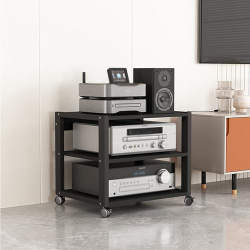 Dernoing 3 Tier Audio Rack Tower, CD Record Player Stereo Receiver AV Equipment Cabinet Display Rack, Weight Capacity 661 lbs, with Adjustable Wooden Shelves for Home (3 Tier Black)