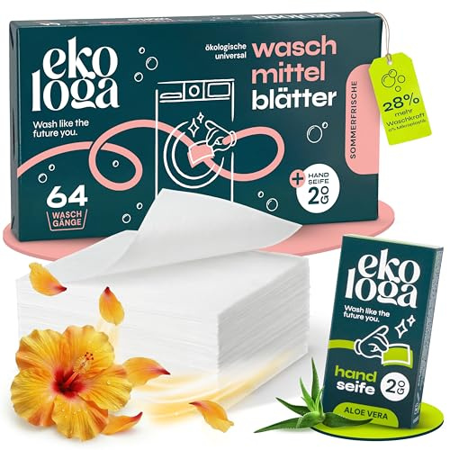 Ekologa Waschmittelblätter XL 64 Wäschen für große Trommeln, mit Handseife | 28 % mehr Waschkraft pro Waschgang, ein Blatt pro Wäsche, für volle Trommeln, feste Handseife mit Aloe Vera inklusive