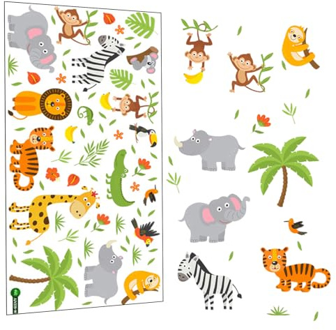 Fensterbilder Kinderzimmer Waldtiere - Wiederverwendbare Fensteraufkleber mit Affe & Löwe, Selbstklebende Fensterdeko für Glas & Spiegel, Lustige Tier-Sticker für Kinderzimmer & Kindergarten