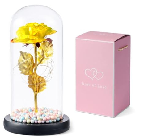 Rose jaune d'amour avec lumières LED sous cloche en verre - Fleur artificielle pour cadeau romantique - Pour maman, femme, petite amie - Fête des mères, anniversaire, Noël