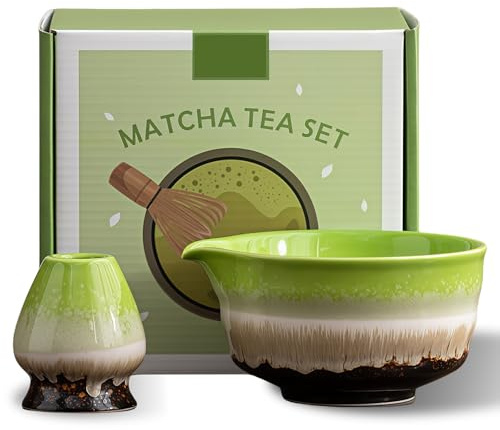 PRITOK Bol à matcha vert : 2 pièces 18 oz bol à matcha chawan fait à la main pour la cérémonie du matcha, bol en céramique à matcha avec bec verseur