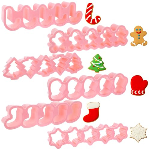 Mini Christmas Cookie Cutters Set - 30pcs Pink Plastic Molds for Holiday Baking, 6 Festive Shapes