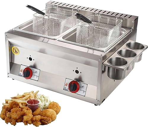 HPTHLY Friteuse À Gaz Professionnelle 10 L/20 L/30 L Gpl avec Couvercle, en Acier Inoxydable, pour Comptoir De Cuisine,10l+10l+2xfried Baskets