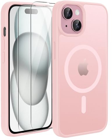 TQIAHF Magnetic Phone Case Cover for iPhone 15,Pink | with 2 Tempered Glass Screen Protector Compatible with MagSafe Military Grade Shockproof Protective Slim Translucent Matte