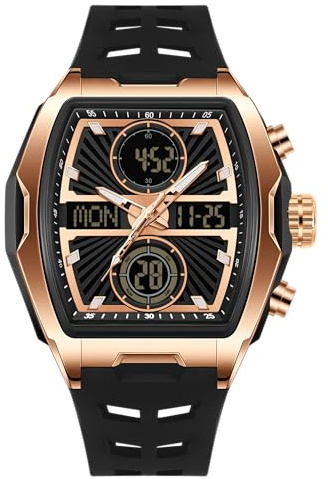 OFNS Klockor för män unik rektangel multifunktion klocka fyrkantig kronograf sport armbandsur med digital analog dubbel tidsvisning nedräkning stoppur, Svart roséguld, Klassisk