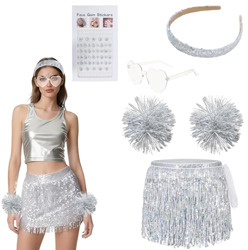 WYRGQIQN Falda de Lentejuelas para Mujer, Mini Falda Brillante Plateada, Talla única, con Cinturilla y Accesorios, Ideal para Fiestas y Celebraciones