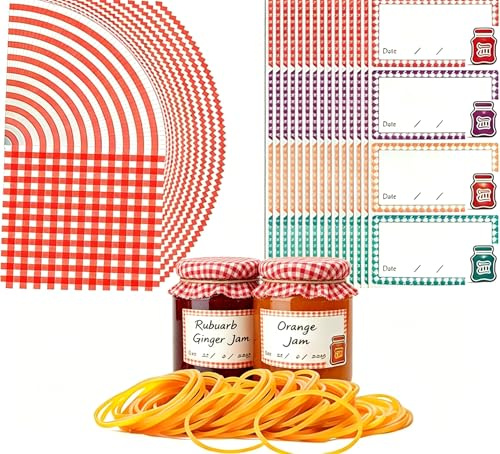 HYMC 50 Jam Jar Doilies Paper Set with Labels, Red Vintage Paper Doilies, Rubber Bands, Jam Jar Labels & Covers for Canning Jars, Homemade Preserves & Gift Wrapping Wedding Party Crafts Baking DIY
