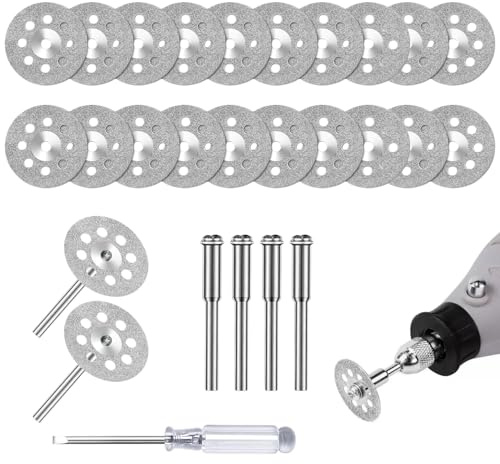 TILONKJ Set di dischi diamantati da 22 mm,20 mini dischi da taglio sottili per utensile rotante con 4 mandrini e 1 cacciavite,per pietra,vetro,piastrelle,ceramica,acrilico,creazione di gioielli