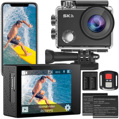 Yonvim Action Cam, 5K30FPS 30MP Action Cam 40M Unterwasserkamera wasserdichte WiFi 170° Ultra-Weitwinkel EIS Action-Kamera 5X Zoom mit Fernbedienung und 2X 1350mAh Akkus