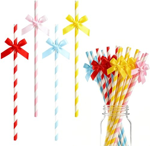 TRKETK 40 Pcs Bow Paper Straws for Drinking Ribbon Bow Stripe Paper Straws Cute Multicolor Wedding and Birthday Party Drinking Cake Decorations for Juice Coffee Tea Cocktail Milkshake (4 Colors)