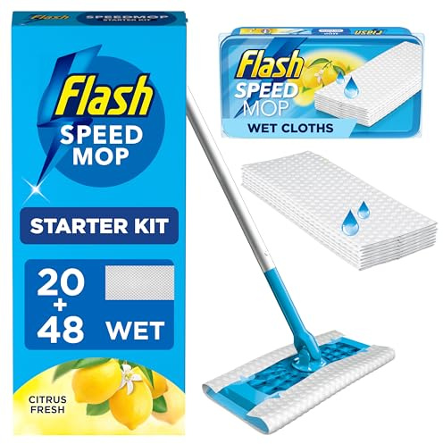 Flash Speedmop Wet Mop Floor Cleaner Starter Kit For Cleaning Floors, Includes: 1 Mop+ 68 Wet Wipes Lemon, Trap & Lock Daily Dirt, Grease & Grime Without Getting Down On Your Knees