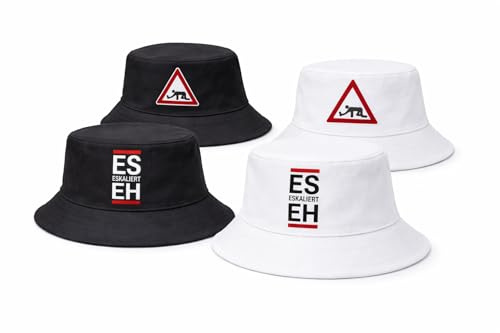 KAMACA 4er Set Fischerhut Partyhut mit Spruch – Bucket Hat – Lustige Partyhüte für Festival, Mallorca Urlaub, JGA, Strand & Sommerparty – Einheitsgröße Unisex