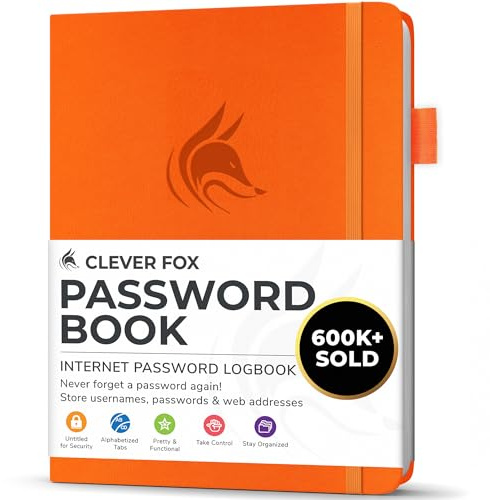 Clever Fox Passwortbuch mit Registerkarten, Kleines, Orange | Adress- und Passwort-Organisationsbuch mit alphabetischen Registerkarten - Passwortbuch für Computer- und Website-Logins
