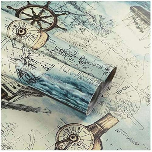 Lependor Rotolo di carta da parete rimovibile autoadesiva stampata decorativa per ripiano e cassetti, 0,45 x 10m, Mappa Nautica