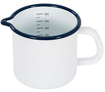 Kockums Jernverk Messbecher Sauciere, 700 ml - weiß, Rand blau - hitzebeständig für alle Herdarten, Induktion und Ofen - Emaille - 16,1x11,3x10 cm
