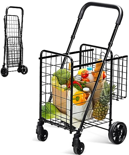 Byroce Utility Folding Shopping Cart, Light Weight Trolley with Handle, Large Grocery Utility Cart with Swiveling Wheels and Dual Storage Baskets, Ideal for Laundry Book Luggage Travel (Black)