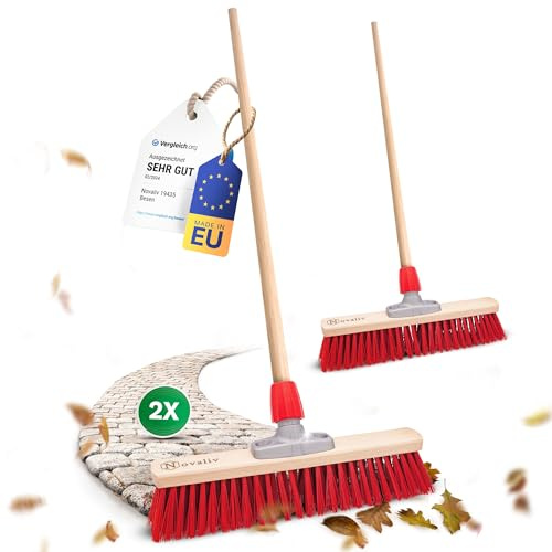 Novaliv 2X Strassenbesen mit Stiel 40 cm I Holz I Elaston rot I Grob Industriebesen Kehrbesen Straßenbesen Breit Gartenbesen Outdoor Besen draußen Besen Außenbereich