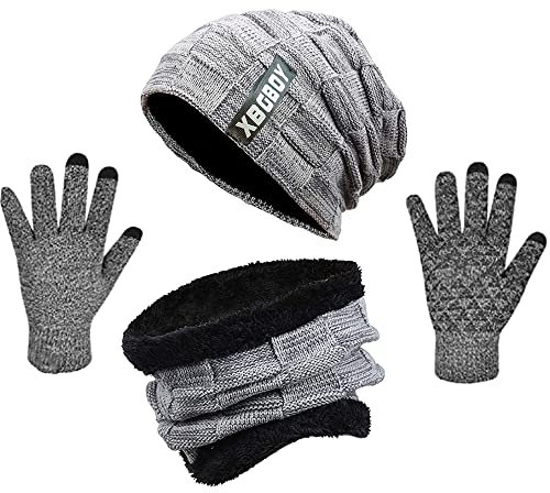 Swygoo Winter Beanie Mütze Schal und Touchscreen Handschuhe Set, Strick-Thermo-Set mit Kuscheligem Fleece-Futter, Slouchy Beanie-Kappe, Nackenwärmer und Handschuhe für Damen und Herren (Hellgrau)