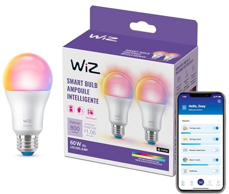 WiZ Connected Smart Light Bulbs, 2-Pack, Color A19 60W 800LM E26 Indoor LED Lights, Smart Bulbs with Motion Detection, Control with Voice or App