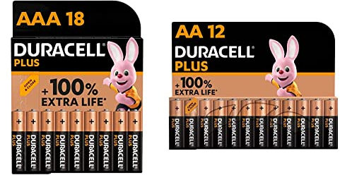Duracell Plus AAA Alkaline Batteries [Pack of 18], 1.5V LR03 MN2400 [Amazon exclusive] & Plus AA Alkaline Batteries [Pack of 12], 1,5V LR6 MN1500