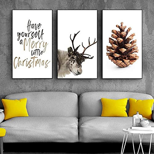 Leinwandbilder Wandbilder, Skandinavisches Poster Winterwald Elch Weihnachten Tannenzapfen Wandkunst Nordischer Stil Leinwand Malerei Dekoration Bild Wohnzimmer 40x50cmx3 Kein Rahmen