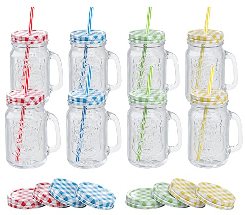 WELLGRO Trinkgläser Set bunt mit Deckel und Trinkhalm 500ml inkl. Ersatzdeckeln Mehrweg Cocktail Gläser Glasbecher, Stückzahl:8 Stück