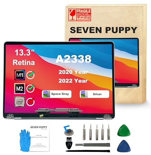 seven puppy (Silber) SEVENPUPPY Ersatzdisplay für MacBook Pro A2338 (13, M1 2020 / M2 2022) – EMC 3578/8162 – Retina LED-LCD Bildschirm Komplettmontage A+++