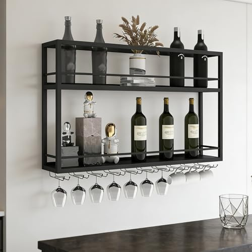 DSVONAUS industriell wandmontierte Weinregal mit Glashalter, Schwarz Metallflaschenhalter Multi funktionaler Weinpareite Display Rack 2-stufiges für Home Bar Dining Room Kitchenkitchen (120×20×65cm)
