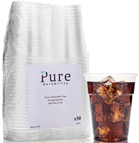Pure Durability Plastic Half Pint Glasses 50 Pack Strong Disposable Beer Cups 284ml