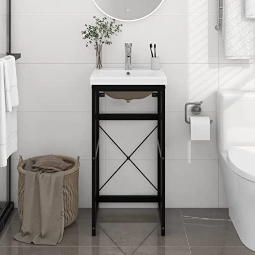 DCRAF Furniture Set Bathroom Washbasin Frame with Built-in Basin Black Iron