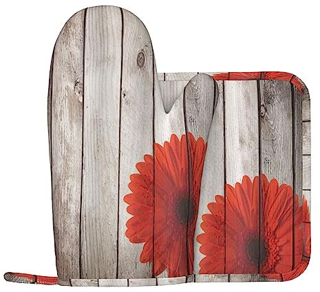 Lot de 2 gants de cuisine et maniques résistants à la chaleur Motif dahlia Rouge