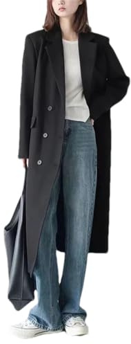 Adhdyuud Blazer lungo da donna Trench cappotti casual tasche doppio petto abito dritto giacche a vento, Nero , L