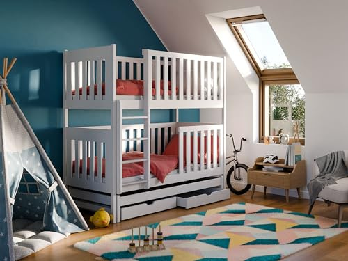 Muebles Slavic Kinderbett Lili 80/90 x 200 cm, Etagenbett, Kinderbett mit Leiter, Rausfallschutz, Weiß, Kiefernholz (90 cm mit Matratze)