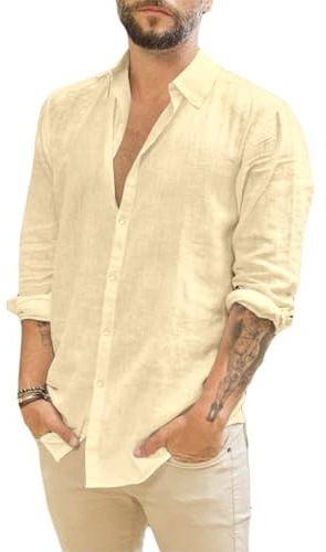 Runcati Chemise Homme Manches Longues Lin col Rabattu Été, Kaki, XL