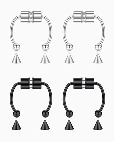 ZAMXHUG 4 Paar 16G Fake Septum - Magnet Nasenpiercing Schwarz Chirurgenstahl Clip Clicker Reifen Nasenring Faux Nicht Durchbohrt