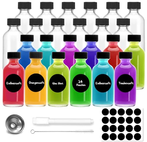 Moorstdel Mini Glasflaschen mit Deckel, 24 Stück Kleine Flaschen zum Befüllen 60ml, Kleine Schnapsflaschen, Mini Fläschchen mit Trichter, Etiketten & Stift, für ätherische Öle, Ingwer Shot, Whisky