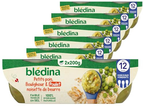 BLÉDINA - Bols - Repas Midi Bébé - Petits Pois, Boulghour et Poulet Noisette de Beurre - dès 12 Mois - sans Sel Ajouté - 12 x 200 g