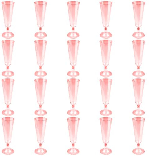 Rumyve 20pcs Plastic Champagne Flutes,Champagne Glasses Plastic Reusable, Party Wine Cups,Crystal Wine Cocktail Cups for Weddings, Birthdays,Party(Pink)