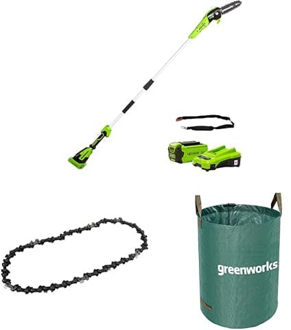 Greenworks Akku Hochentaster,20 cm Blattlänge, 8 m/s Kettengeschwindigkeit, 40V 2Ah Akku & Ladegerät + Greenworks 40cm Sägekette + Greenworks 120l Gartenabfallsack