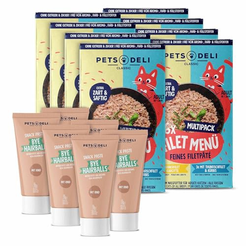 Pets Deli Bundle für Katzen mit Filet Menü Nassfutter Multipack und Anti Hairball Snack Paste 960g